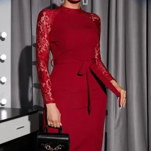 Robe Manche Dentelle Bordeaux