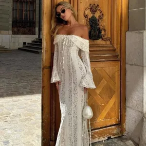 Robe Blanche Dentelle Col Bardot